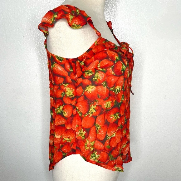 ANTHROPOLOGIE Ruffled Strawberry Top Printed Chiffon Red Blouse Pullover Tank - Picture 6 of 9
